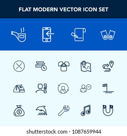 Modern, simple vector icon set with road, route, travel, sport, personal, tobacco, map, roof, flipper, window, refresh, fashion, sea, underwater, person, coin, task, pin, office, navigation, pen icons