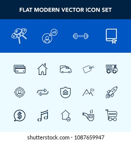 Modern, simple vector icon set with banking, house, study, marketing, technology, spacecraft, sport, protect, book, dumper, home, spaceship, van, ufo, exercise, traffic, tag, dump, space, change icons