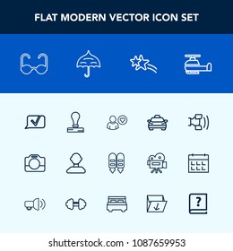 Modern, simple vector icon set with chat, vehicle, shiny, umbrella, stamp, holiday, mobile, communication, male, camera, protection, star, helicopter, internet, envelope, telephone, aviation,  icons