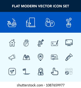 Modern, simple vector icon set with fahrenheit, travel, pin, space, war, bowling, house, ball, display, satellite, game, global, work, temperature, location, sea, sport, sign, loudspeaker, money icons