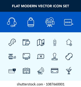Modern, simple vector icon set with clock, big, microphone, world, property, tower, meal, travel, movie, home, message, digital, transportation, internet, air, screen, monitor, chat, snack, ben icons