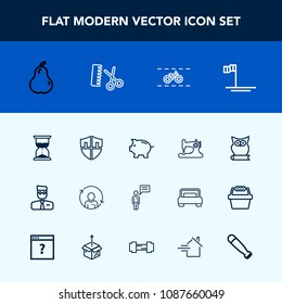 Modern, simple vector icon set with person, bank, coin, beach, sewing, user, owl, baja, hour, machine, web, refresh, profile, animal, food, fruit, protect, fresh, organic, security, bike, mexico icons