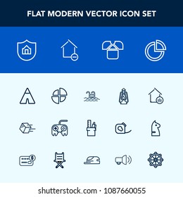 Modern, simple vector icon set with pool, water, protection, business, lantern, arrow, transportation, graph, blue, travel, adventure, shipping, white, tent, button, removal, shipment, tshirt icons