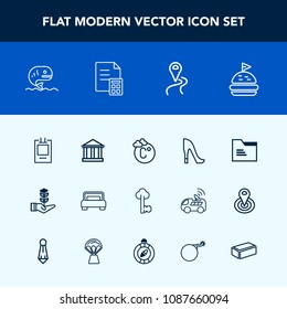 Modern, simple vector icon set with badge, vintage, file, nature, location, old, key, bread, white, bed, style, sky, furniture, map, shoe, tourism, fahrenheit, temperature, scale, lock, fish icons