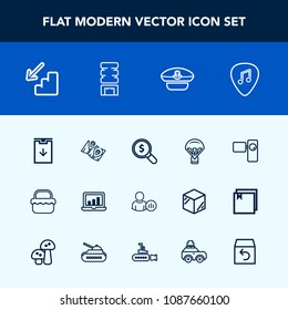 Modern, simple vector icon set with parachute, park, hat, tripod, retro, map, web, musical, chart, guitar, status, sky, jump, food, online, concept, white, road, picnic, parachuting, computer icons