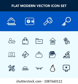 Modern, simple vector icon set with sky, bag, construction, retail, spy, joy, fun, supermarket, tool, summer, door, ocean, style, sale, business, profile, object, house, kite, cart, paper, key icons