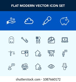Modern, simple vector icon set with envelope, cash, finance, screen, scary, house, post, fish, horror, camera, fear, hand, real, spoon, sound, property, hook, bank, construction, tripod, movie icons