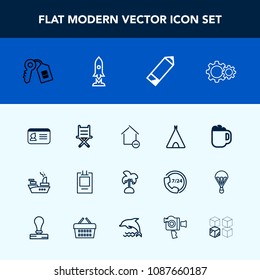 Modern, simple vector icon set with marine, military, identity, nature, coffee, rocket, seat, war, tropical, id, document, apartment, property, key, action, pencil, badge, door, camp, tent, name icons