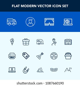 Modern, simple vector icon set with present, transport, white, page, transportation, internet, label, business, navigation, dessert, education, holiday, highway, price, sale, literature, book icons