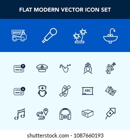 Modern, simple vector icon set with money, care, cash, tropical, hat, paddle, technology, healthcare, sack, sink, captain, communication, water, finance, surgeon, tap, vehicle, tipper, medicine icons