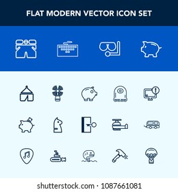 Modern, simple vector icon set with warning, adventure, chess, investment, diving, technology, glass, keyboard, parachute, sea, cartoon, finance, money, exit, coin, cash, chessboard, internet icons