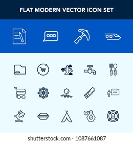 Modern, simple vector icon set with sunrise, wheel, office, aircraft, document, spoon, sink, airplane, speech, transport, landscape, railway, picking, bathroom, file, construction, water, flight icons