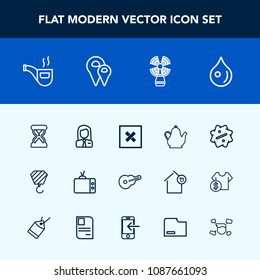 Modern, simple vector icon set with building, abstract, drop, closed, sign, people, job, vintage, timer, retro, kitchen, hot, tea, travel, musical, screen, television, discount, hour, kettle, tv icons