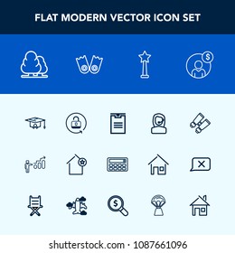 Modern, simple vector icon set with spy, tree, success, headset, nature, money, center, button, house, apartment, search, growth, business, shipping, school, finance, university, security, open icons