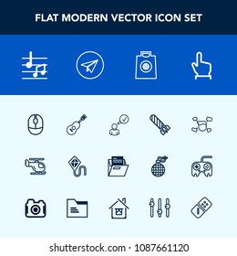 Modern, simple vector icon set with guitar, retail, boy, internet, summer, profile, business, hand, bomb, musical, mouse, click, sky, danger, sale, computer, office, sound, button, joy, touch icons