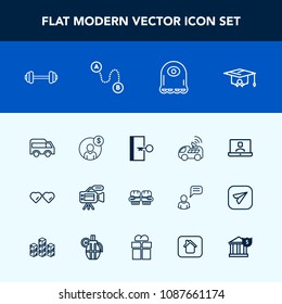 Modern, simple vector icon set with sport, boxing, education, exit, account, direction, navigation, graduation, highway, fight, sunglasses, sign, monster, university, call, camera, school, video icons