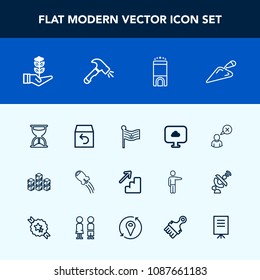 Modern, simple vector icon set with travel, storehouse, tree, box, shipping, timer, room, space, life, clock, return, flag, up, storage, industrial, cloud, equipment, growth, hour, construction icons