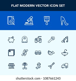 Modern, simple vector icon set with female, sport, finance, repair, oar, coin, fight, wrench, technology, science, tool, monster, equipment, zoom, canoe, button, high, fishing, paintbrush, file icons