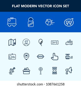 Modern, simple vector icon set with delivery, map, shipment, bag, baggage, business, ingredient, location, identification, male, shipping, name, man, job, holiday, bun, transportation, identity icons