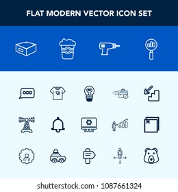 Modern, simple vector icon set with technology, bulb, business, upstairs, coffee, drill, downstairs, music, equipment, tshirt, electricity, speech, radio, typography, message, drawer, machine icons