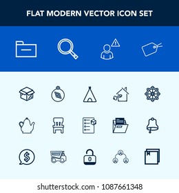 Modern, simple vector icon set with ship, document, interior, checklist, house, adventure, tent, online, camp, outdoor, new, wheel, tea, web, sign, comfortable, delivery, tag, cargo, folder, box icons
