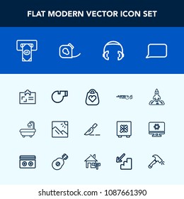 Modern, simple vector icon set with science, launch, strike, id, whistle, card, bathroom, cash, surgery, object, bank, photo, hobby, rocket, modern, sound, business, space, shuttle, music, talk icons