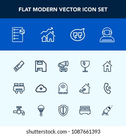 Modern, simple vector icon set with computer, diskette, music, spy, house, search, construction, architecture, destruction, chat, bubble, cartoon, alien, gramophone, building, cosmonaut, crash icons