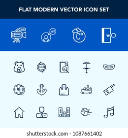 Modern, simple vector icon set with bar, sea, risk, operator, support, luck, pub, microphone, call, video, exit, carnival, light, gambling, nature, animal, anchor, celebration, table, bear, ship icons