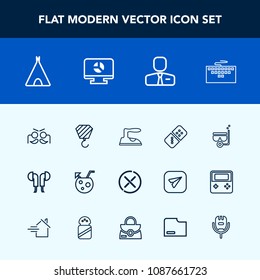 Modern, simple vector icon set with housework, keyboard, sea, water, tent, juice, festival, construction, cancel, camp, party, technology, ironing, employer, snorkel, iron, computer, adventure icons