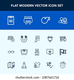 Modern, simple vector icon set with coin, cash, dump, wing, box, field, team, vehicle, magnetic, people, pole, insect, clothing, electric, glasses, worker, eye, eyesight, business, electricity icons