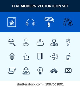 Modern, simple vector icon set with employer, brush, paper, object, search, online, hand, estate, avatar, find, real, touch, finger, location, profile, door, job, click, book, property, notebook icons