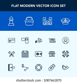 Modern, simple vector icon set with movie, transportation, water, horse, purse, navy, business, woman, cap, cassette, camera, cash, time, calendar, sailor, boat, coin, day, player, money, retro icons