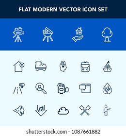 Modern, simple vector icon set with concept, movie, street, fashion, cooking, idea, leisure, business, computer, barbecue, camera, leather, handle, film, traffic, rent, environment, estate, fun icons