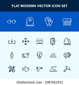 Modern, simple vector icon set with money, technology, shop, sack, boy, road, electricity, button, eyeglasses, forest, transfer, arrow, pin, tree, finance, landscape, environment, phone, sign icons