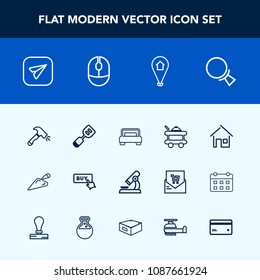 Modern, simple vector icon set with research, find, estate, laboratory, bed, microscope, shovel, message, bedroom, button, internet, construction, location, furniture, home, mouse, biology, map icons