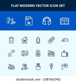 Modern, simple vector icon set with luggage, chat, book, page, landscape, forest, music, hair, nature, paper, list, environment, technology, architecture, building, audio, baggage, storage, tree icons