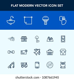 Modern, simple vector icon set with exercise, travel, bank, airplane, aircraft, money, gym, location, credit, app, balance, bathroom, flight, tap, object, office, faucet, vintage, plane, sport icons