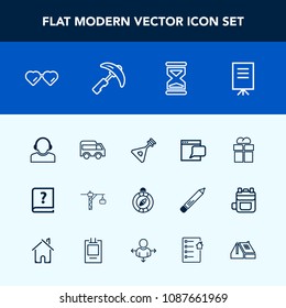 Modern, simple vector icon set with compass, glasses, business, construction, meeting, communication, presentation, bus, south, music, instrument, hammer, support, sunglasses, giftbox, web, box icons