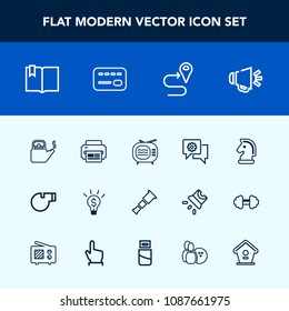 Modern, simple vector icon set with whistle, chessboard, sky, object, technology, referee, television, telescope, strategy, loud, sport, game, concept, hot, space, astronomy, loudspeaker, water icons