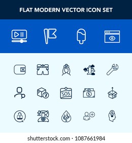 Modern, simple vector icon set with package, plane, interface, equipment, cash, label, finance, search, repair, button, account, nurse, healthcare, sign, web, aircraft, dessert, flight, purse icons