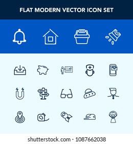 Modern, simple vector icon set with magnetic, surgeon, eyeglasses, finance, field, house, sign, door, download, hanger, bell, phone, white, projection, bank, coin, room, presentation, pole, dont icons