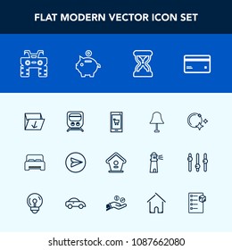 Modern, simple vector icon set with home, sand, card, train, extreme, money, sky, furniture, electricity, railway, box, dirt, web, wheel, phone, interior, online, moon, waste, double, transport icons