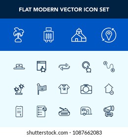 Modern, simple vector icon set with button, change, airport, cap, destination, click, national, hat, business, palm, point, location, flag, concept, america, replace, summer, tropical, print icons