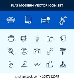 Modern, simple vector icon set with camera, global, basket, big, lens, warning, finance, money, paper, sack, equipment, pen, business, education, sailor, hat, captain, account, clock, satellite icons