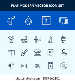 Modern, simple vector icon set with championship, red, direction, click, rocket, equipment, airplane, science, space, card, drink, sound, victory, launch, shuttle, music, shovel, open, musical icons