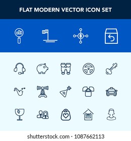 Modern, simple vector icon set with key, instrument, lock, finance, microphone, cash, shipping, delivery, folk, find, station, baja, box, laboratory, search, door, bugle, communication, travel icons