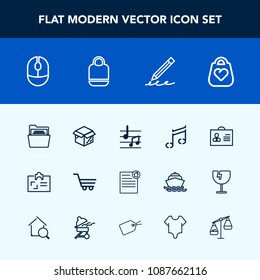 Modern, simple vector icon set with cardboard, technology, object, id, personal, document, sound, shop, mouse, contract, package, retail, office, identity, style, person, device, folder, woman icons