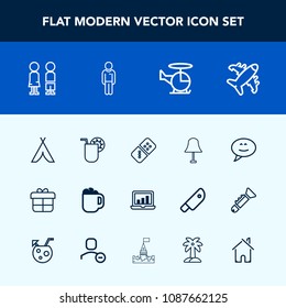 Modern, simple vector icon set with game, helicopter, electricity, plane, transport, domino, gift, girl, chat, cafe, glass, light, coffee, drink, white, message, outdoor, decoration, laptop, row icons