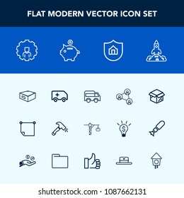 Modern, simple vector icon set with car, construction, hammer, note, mobile, online, home, protect, bus, white, shovel, house, direction, emergency, property, protection, paper, move, display icons