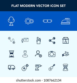 Modern, simple vector icon set with avatar, landscape, social, clock, map, action, go, point, sunglasses, hour, iron, time, account, home, nature, ironing, destination, office, sun, sand, estate icons